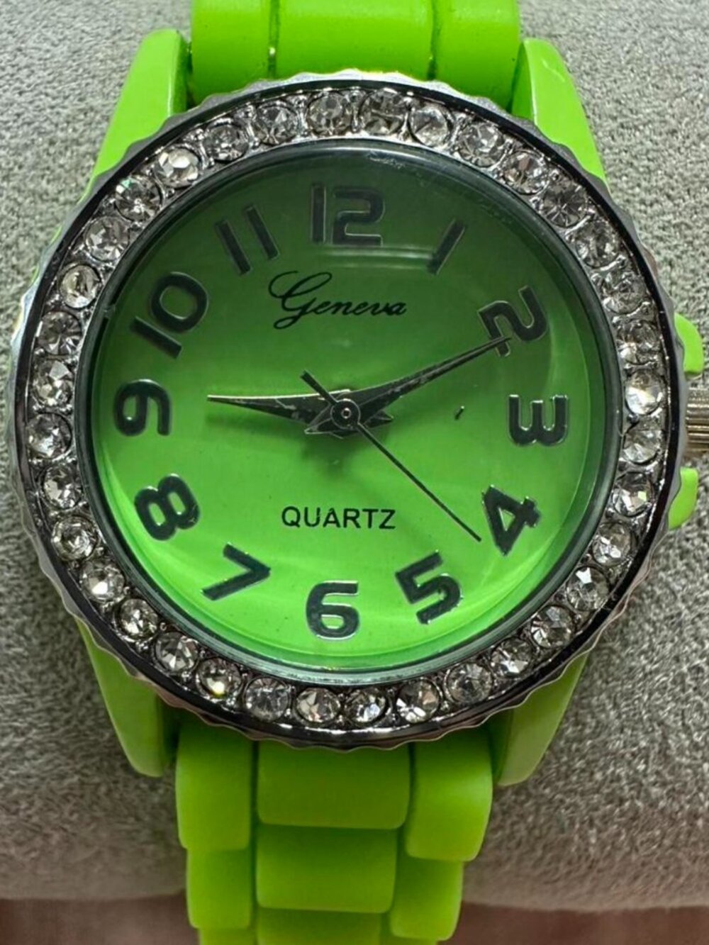 Geneva lime green Quartz Movement watch with silicone band and rhinestone bezel.